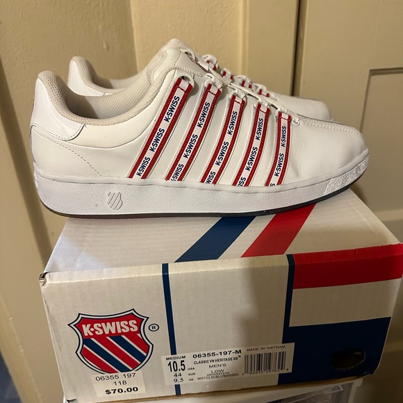 K-Swiss Men's Classic White Sneakers with Red Stripes - Picture 1 of 1